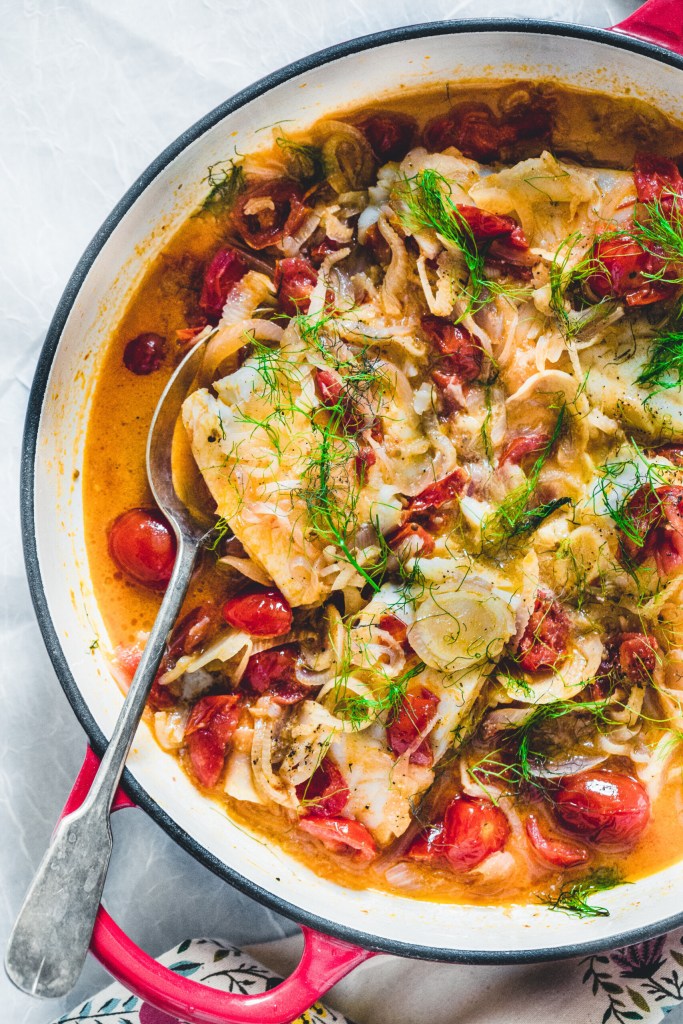 Poached Fish in a Buttery Tomato-Fennel Broth